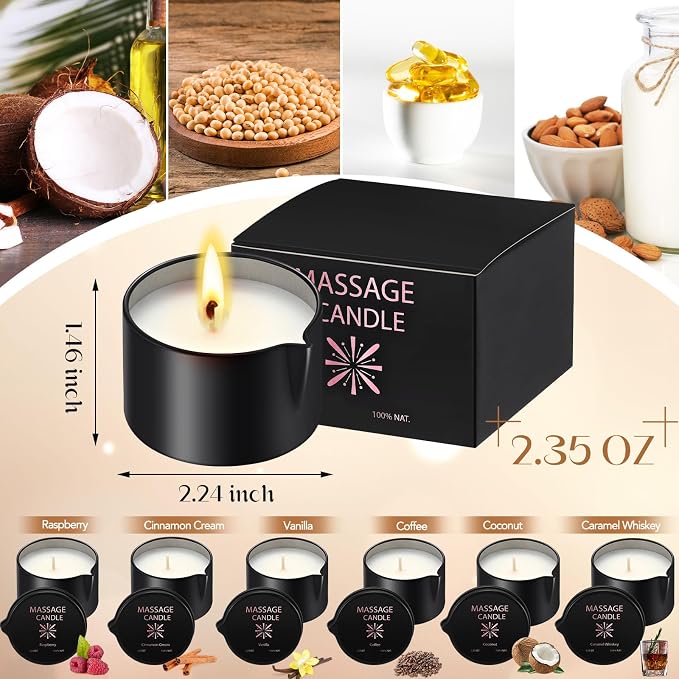 Nuanchu 6 Pcs 2.35 oz Massage Oil Candle, Ignite Low Temp Scented Body Oil Candles for Massage Therapy Soy Based Mother's Day Home Gift Spa Use, 6 Scents