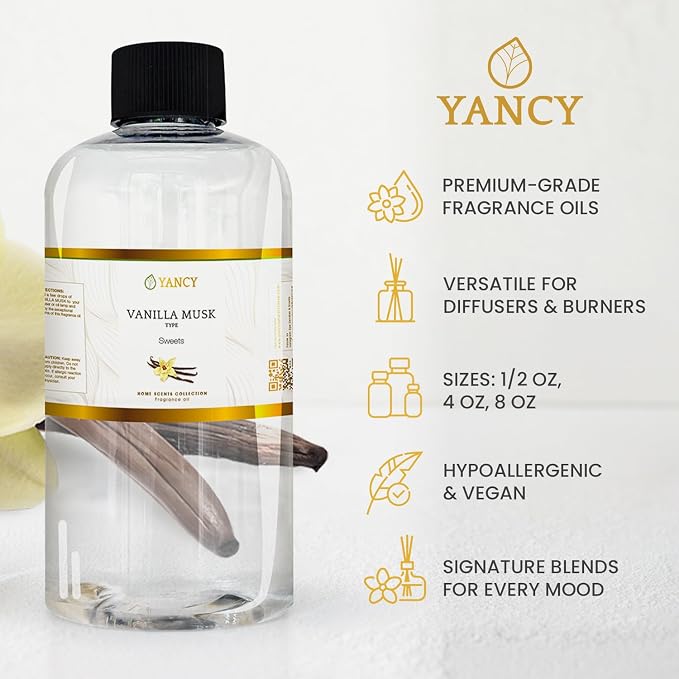 YANCY Vanilla Musk Home Collection Fragrance Oil (8 oz), Luxurious Vanilla and Musk Scent, Warm Fragrance for Diffusers, Oil Burners & Aroma Lamps, Cozy Scent for Relaxing Home Spaces