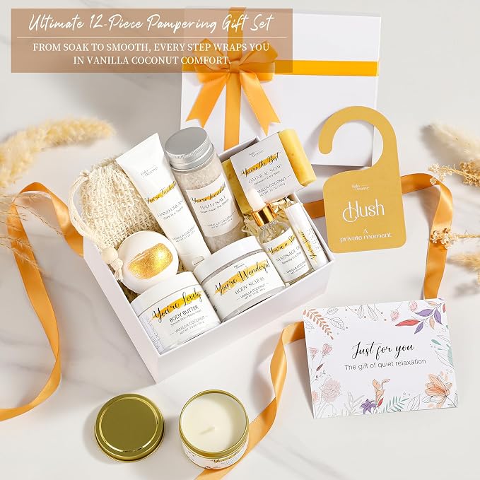 Spa Gifts for Women Vanilla Coconut Self Care Set Birthday Baskets Christmas Relaxing Home Kit Luxurious Bath and Body Gift for Mom Her Sister Teacher Friend Friendship Thinking of You Thank You Box