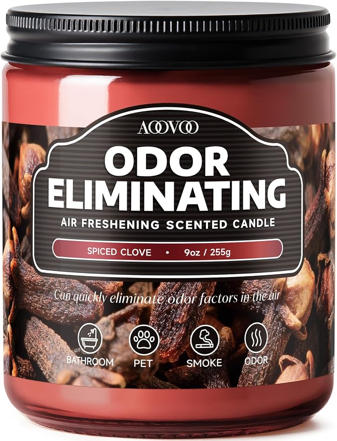 AOOVOO Spiced Clove Odor Eliminating Highly Fragranced Candle - Eliminates 95% of Pet, Smoke, Food, and Other Smells Quickly, Non Toxic Air Freshing Soy Candle, 9 oz Up to 50 Hours Burn time