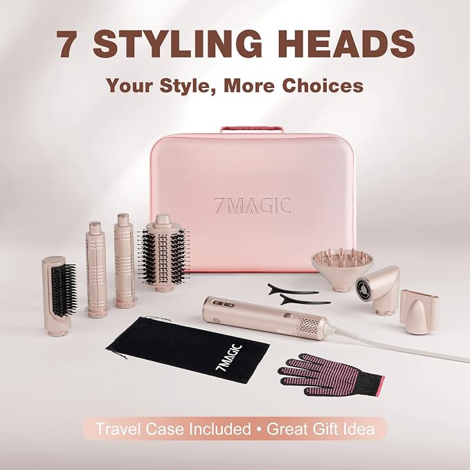 7MAGIC 7-in-1 Hot Air Styler, Hair Styler Dryer Brush with Auto-Wrap Curlers, High-Speed Hair Dryer for Fast Drying, Volumizing & Straightening, Travel Case Included, Pink
