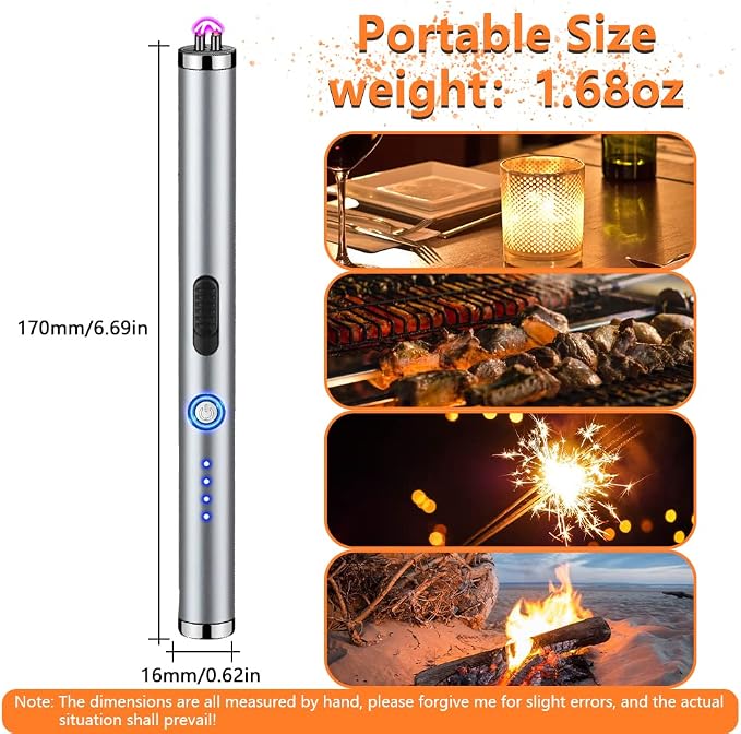 Electric Lighter Rechargeable Plasma Flameless USB Lighter with Safety Lock Dual Arc LED Display for Candle Grill Kitchen Camping (Silver)
