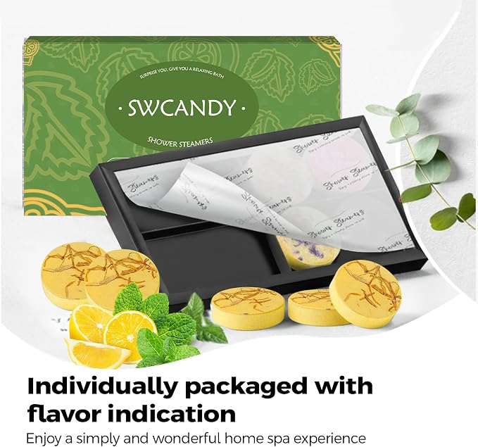 SWCANDY Shower Steamers Aromatherapy Birthday Gifts for Women Travel Essentials, 8 Pcs Lemon Mint, Bath Bombs Shower Bombs with Natural Essential Oils, Relaxation Home SPA