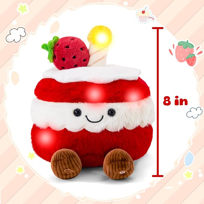 WEWILL Light up Birthday Cake Plush Toy Musical Cute Cake Pillow Stuffed Animals with Legs Strawberry Funny Plushie for Girls,Kids,Boys,8"