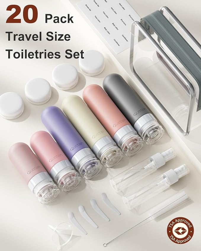 20 Pack Travel Bottles for Toiletries, Original Patented, TSA Approved Travel Size Containers, Leak Proof Silicone Shampoo and Conditioner Bottles Women & Men, Airplane Cruise Essentials, DustyPink