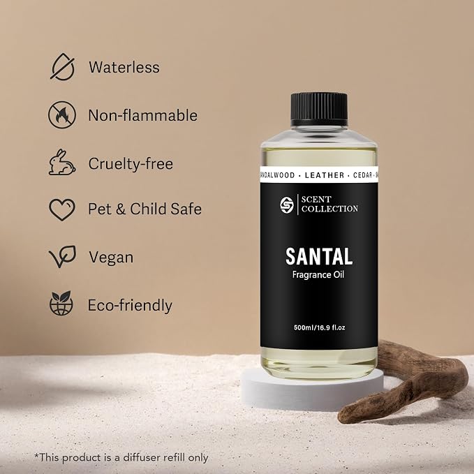 Luxury Hotel Scent Santal 500ml/16.9Fl oz Diffuser Oil Waterless Essential Aromatherapy for Cold Air & Car Diffusers – Long Lasting Refill for Large Room & Home - Signature Sandalwood