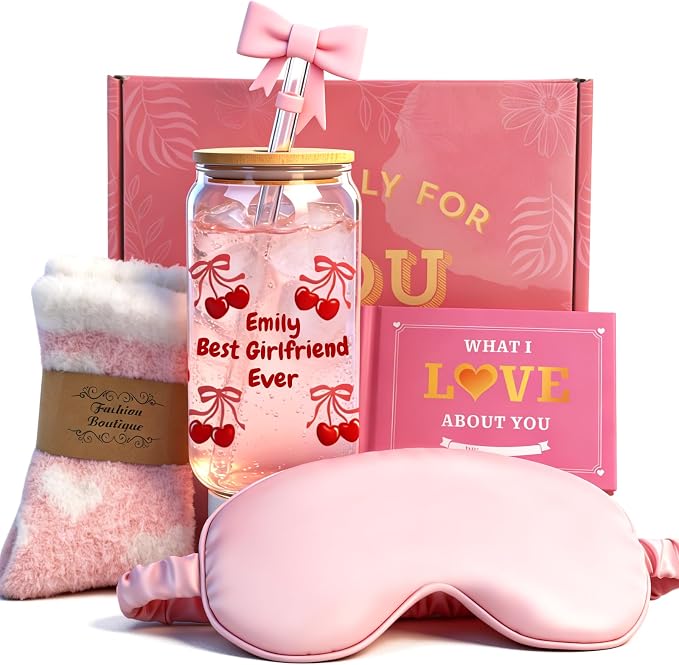 Personalized Valentines Day Gifts Her - Personalized Glass Cup, Satin Eye Mask, Fuzzy Socks & Love Card | Romantic Gift for Girlfriend/Wife (Valentines-DIY)