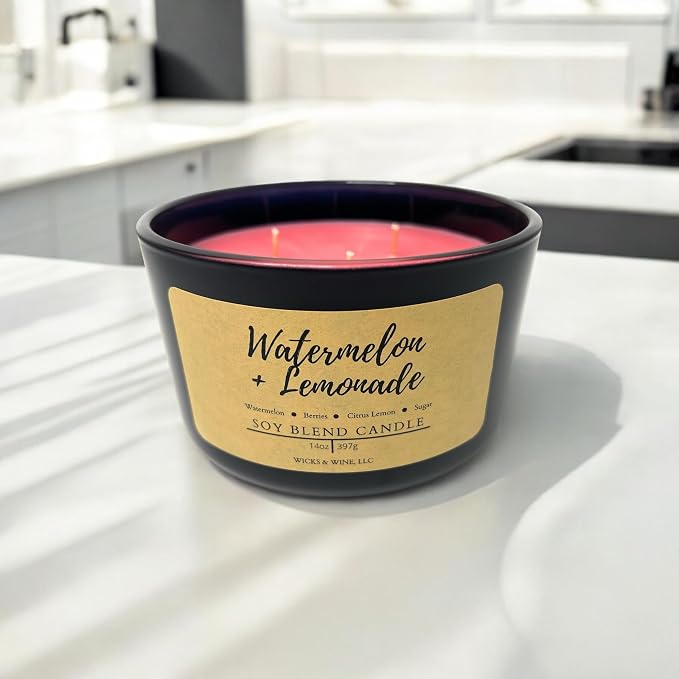 Wicks & Wine Soy Blend 3-Wick Cotton CORE Candle 14oz (Watermelon Lemonade)
