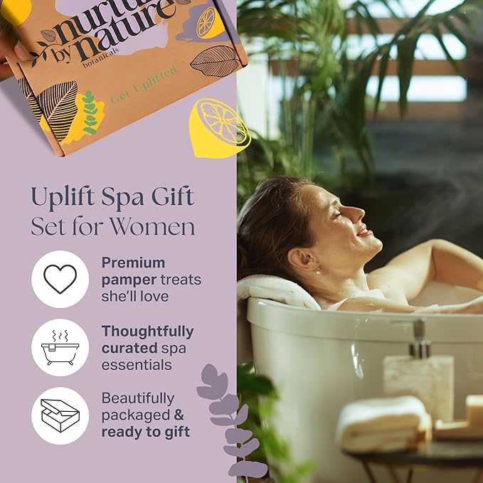 Nurture by Nature RELAX & UPLIFT Spa Kit for Women – Birthday Gifts for Women – 6 Piece Gift Basket with Hand Soap, Body Scrub, Hand Cream & More - Vegan Self Care Kit - Relaxation Gifts for Her