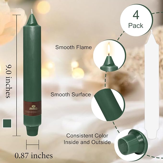 Christmas Green Candle 9 Inch Tall Smokeless Taper Candles 4 Pack Unscented Dinner Candle for Christmas Festive, Halloween Thanksgiving Day Fall Home Decor