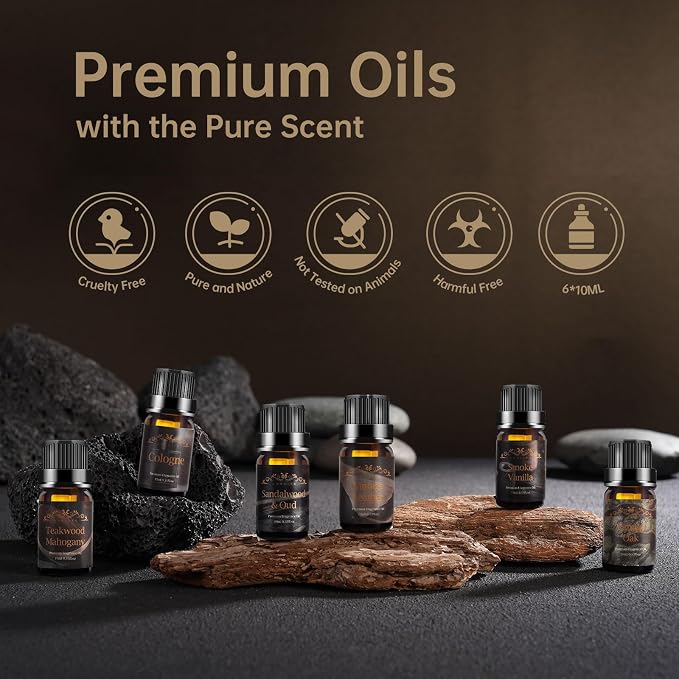 Men Essential Oils Set for Diffuser, Father's Day & Birthday Gift for Men - 6x10ml Masculine Fragrance Oils for Candle Making, Scented Oil Gift Set, Mahogany, Sandalwood, Cologne,Smoke Vanilla,Leather