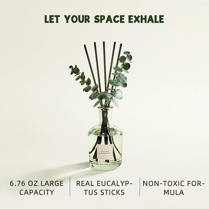 COCORRÍNA Wild Mint & Eucalyptus Reed Diffuser – 6.76 oz Essential Oil with 8 Reeds & Real Eucalyptus Sticks, Home Fragrance for Bedroom or Bathroom Décor