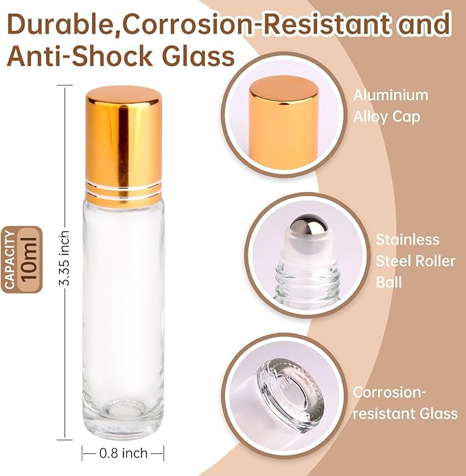 inice 100 Pack,10ml Roller Bottles for Essential Oils Applicator Clear Glass Bottles Stainless Steel Roll On Ball for Daily Care