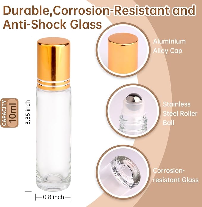 inice 24 Pack Clear Galss Roller Bottles,10ml Roll On Bottles Stainless Steel Roller Balls Metal Cap for Aromatherapy Essential Oils Applicator