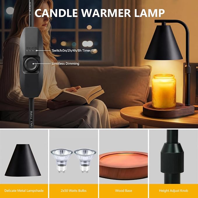 Candle Warmer Lamp with Timer & Dimmer- Electric Wax Melt Warmer with Adjustable Height for Scented Candles, Home Décor Fragrance and House Warming Birthday Gifts for Women Mom