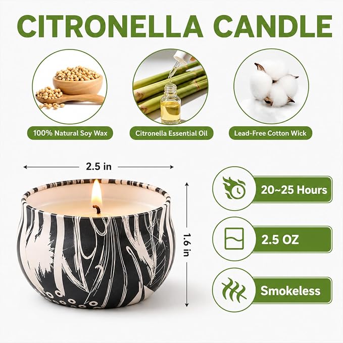Citronella Candles Outdoor, 12 Pack Natural Soy Wax Citronella Candles, 300 Hours Long-Lasting Burn Citronellas Candle for Backyard, Garden, Patio and Camping