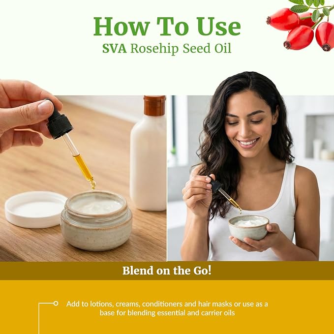 SVA Rosehip Seed Oil Organic - 4 Fl Oz – 100% Natural Cold Pressed Organic Rosehip Oil - for Face, Skin Care, Hair Care, Scalp Massage & Body Massage – Carrier Oil with Dropper