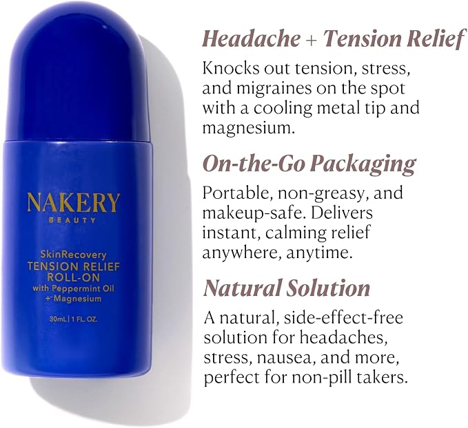 Nakery SkinRecovery Tension Relief Roll-On, Magnesium Roll On with Peppermint Oil for Headache Relief, Stress Support, Muscle Pain Relief, Aromatherapy Cooling Applicator Stick (1 Fl Oz)