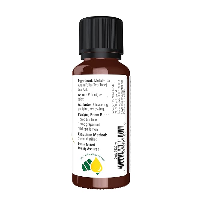 NOW Essential Oils, Tea Tree Oil, Cleansing Aromatherapy Scent, Steam Distilled, 100% Pure, Vegan, Child Resistant Cap, 1-Ounce