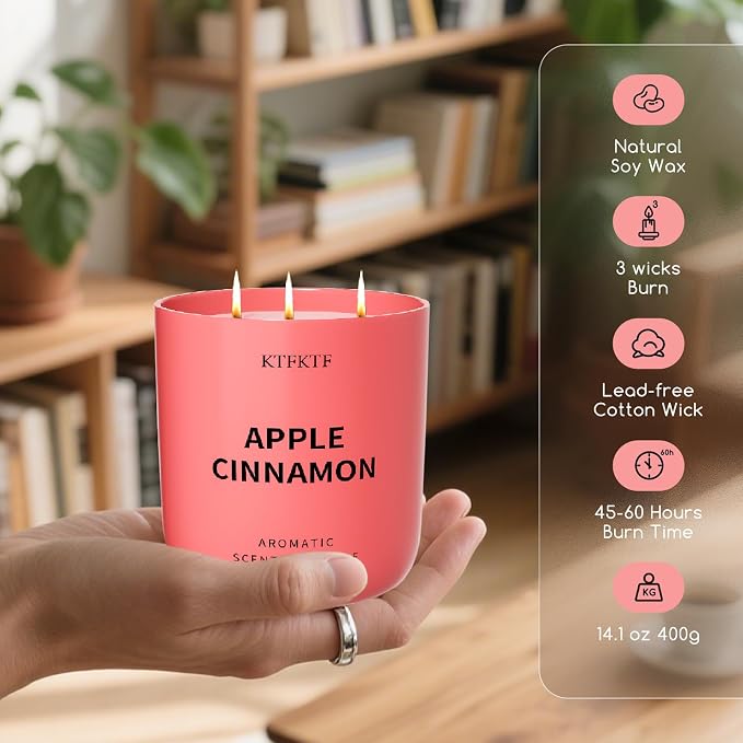 Apple Cinnamon Scented Candle - 14.1oz Soy Candles for Home Scented, 80H Long Lasting Burn, Non-Toxic Aromatherapy Candle for Relaxation, Stress Relief, Birthday,Mothers Day Gifts for Women