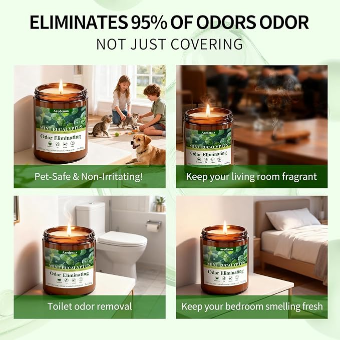 Mint Eucalyptus Odor Eliminating Candles | Eliminates 95% of Pet, Smoke, Food & Other Smells – Air Freshing Scented Candles - Gifts for Women Men, 50 Hour Burn time - 7 oz Natural Soy Wax