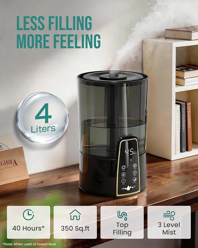 YOKEKON Humidifiers for Bedroom,1.06Gal(4L) Dishwasher Safe Design Easy to Clean,Top Fill,Night Light,Aroma Diffuser,Humidity Control,12H Timer,Sleep Mode,3 Level Mist,360° Nozzle,Home,Nursery,Black