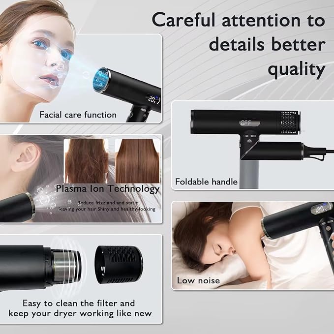 Dual Voltage Travel Hair Dryer with Magnetic Diffuser - 1600W High-Speed lonic Blow Dryer for Women, Automatic Dual Voltage 110V-240V, Lightweight & Compact, Foldable, Heat Control, (Black)