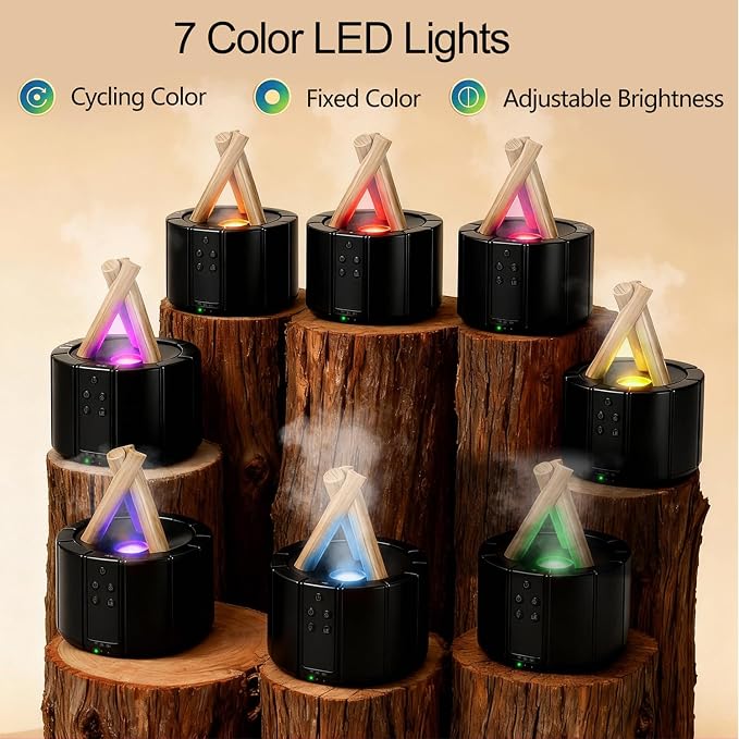 Campfire Flame Diffuser for Essential Oils, 250ml Ultrasonic Cool Mist Aromatherapy Humidifier with Remote Control, 7-Color LED Lights, Timer & Auto-Off for Home, Office & Bedroom (Black)
