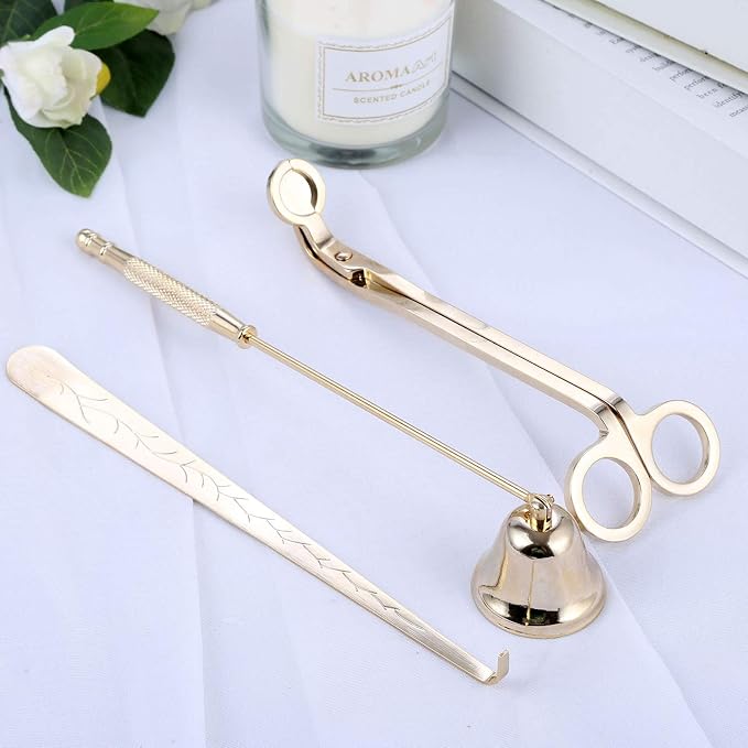 MUXSAM 3 in 1 Candle Tools Candle Accessory Set - Candle Snuffer, Candle Wick Trimmer, Candle Wick Dipper - Candle Cutter Candle Maintenance Kit Gift for Candle Lover(Gold)