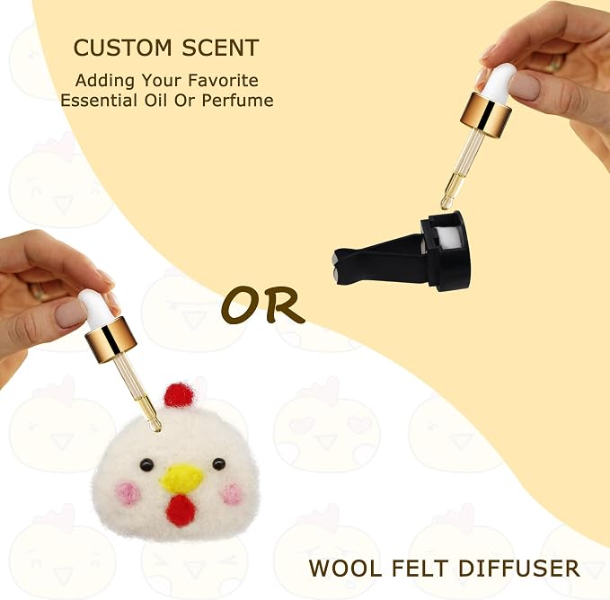 ORIESSE Chick Air Vent Clips Car Air Freshener,White Chicken Car Decor for Women Teens,Wool Felt Girly Accessories,Refillable Essential Oil Diffuser