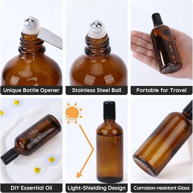 Segbeauty 3.4oz Thick Amber Glass Roller Bottles for Oils, 5pcs Empty Roll On Bottles for Perfume Massage Castor Essential Oil, 100ml Refillable Roller Ball Applicator with Stainless Steel Rollball