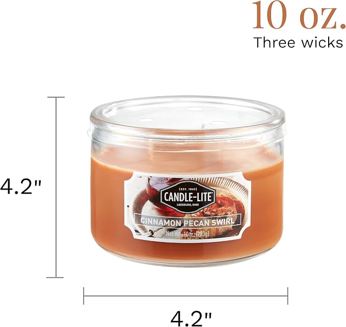 Candle-lite Scented Candles, Cinnamon Pecan Swirl Fragrance, One 10oz. 3-Wick Aromatherapy Candle with 20-40 Hours of Burn Time, Brown Color