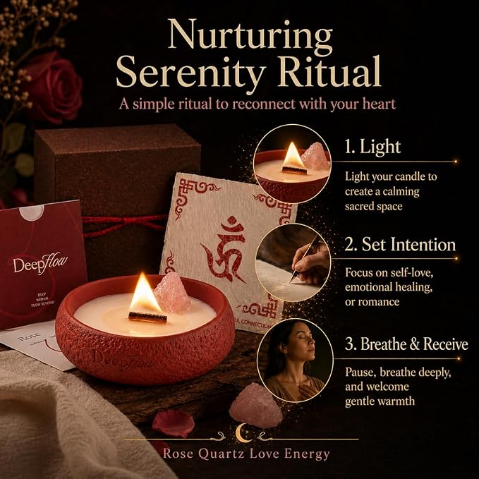 DEEP FLOW Rose Quartz Love Energy Candle - Soft Peach Floral Scent, Luxury Scented Candle with Healing Crystals for Self-Care & Romance (Nurturing Serenity)