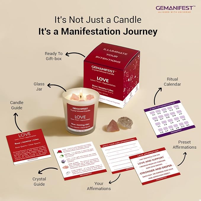 Love Manifestation Crystal Candle, Love Relationships Rose Jasmine Lilac Scented, Soy Candle, Valentine's Gift for Her/Him, Women's Wellness