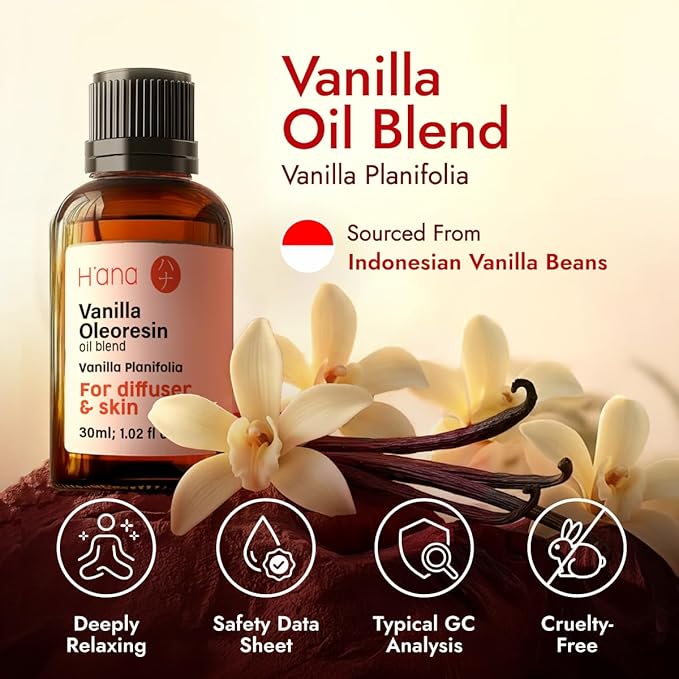 H'ana Vanilla Oil - 1.02 Fl Oz Vanilla Essential Oil for Hair, Skin, Diffuser, Aromatherapy & DIY