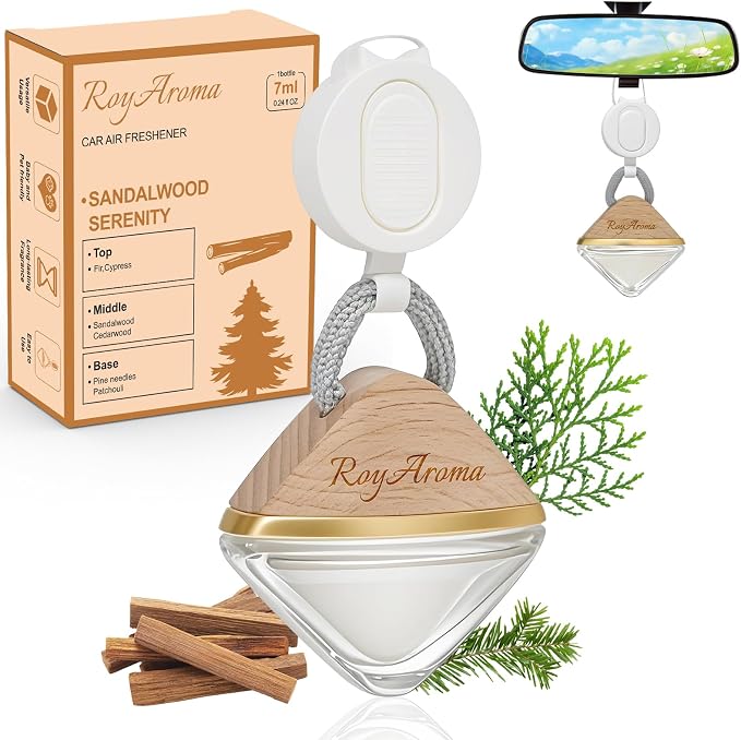 RoyAroma Car Air Freshener Hanging Diffuser with Adjustable Rope | Long Lasting Natural Essential Oil Scent for Cars | Non-Toxic Car Fragrance for Men & Women | Sandalwood