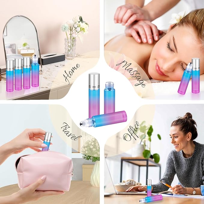 10ML Essential Oil Roller Bottles, 4 Pack Colorful Oil Roller Bottles for Essential Oils, Roll on Bottle with Stainless Steel Balls(4 Labels, Opener, Funnel, Dropper Included)