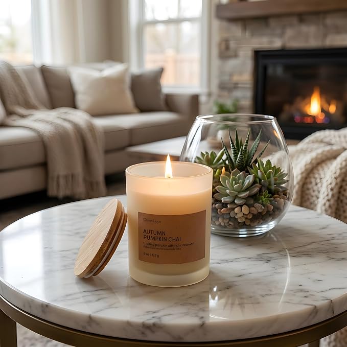 Scented Soy Wax Candle – Spiced Candles for Home Scented with Notes of Cinnamon, Pumpkin Cream & Soft Wood Notes – Seasonal Home Decor & Gift (Autumn Pumpkin CHAI, Beige, 8 oz)