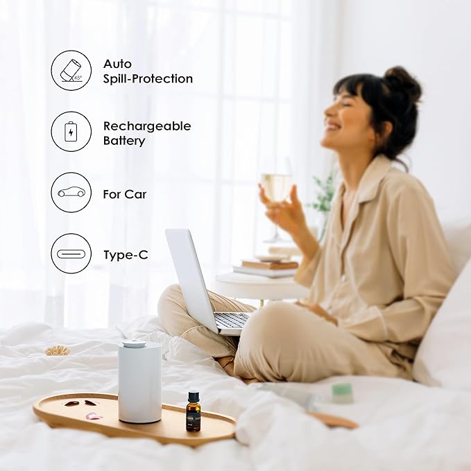 Waterless Essential Oil Diffuser Starter Kit with 30mL Hotel Fragrance Oil Inspired by Four Season, Battery Operated Car Diffuser, Portable Aroma Nebulizer for Home Car Office, AN6Kit-B, White