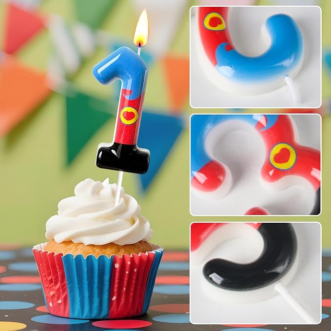 Birthday Candle for Cake – Red Blue Cartoon Hero Style with Heart Design – Cute Cake Topper for Birthday Party Decoration