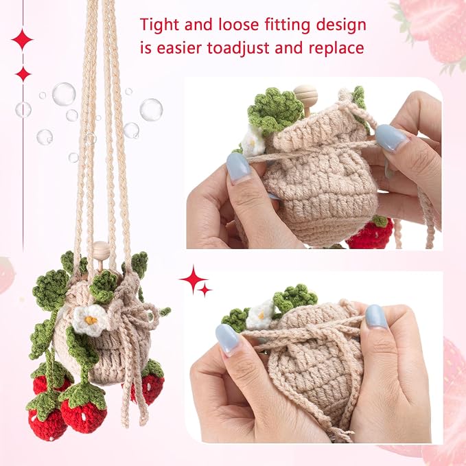 DaisyInner Cute Crochet Plant Car Freshener 12ml Empty Refillable Diffuser Bottle with Plants Hanging Accessories for Ornaments Charms Rearview Mirror Home Office Decor Women Gifts(Strawberry)