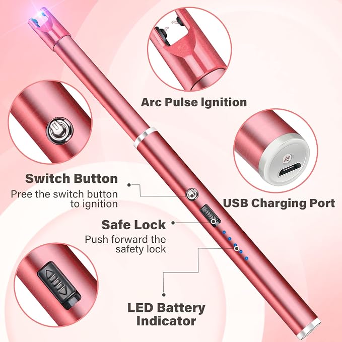 Electric Candle Lighter Windproof USB Rechargeable Flameless Long Neck Lighter for Candles Gas Stove Fireplace BBQ Kitchen Grills (Rose Pink)