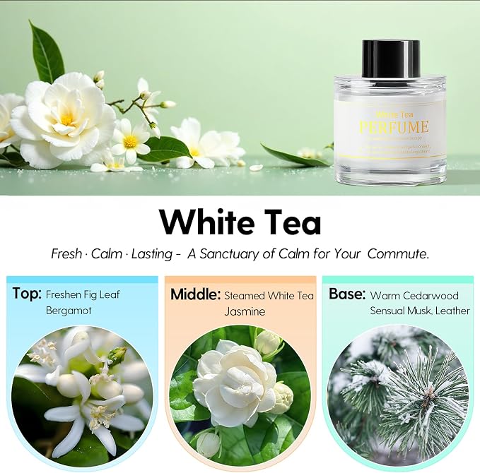 Smart Car Air Freshener Refill 50ml (1.69OZ)- Car Diffuser Perfume Made with Natural Plant Extracts, Essential Oil Refill Compatible with Most Air Diffusers, Long-Lasting Car Fragrance - White Tea