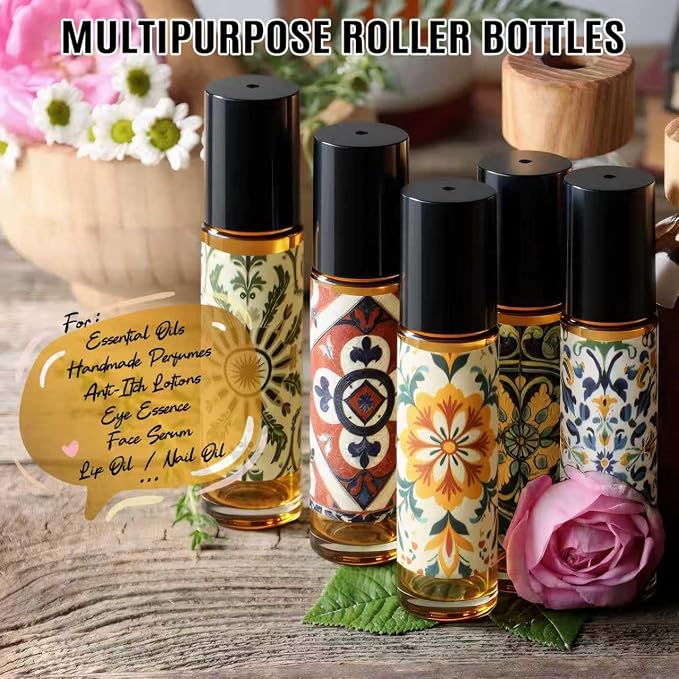 Roller Bottles for Essential Oils Roll On Bottles 12 Pack, 10ml Amber Rollerball Bottle Thick Glass Empty with Oil Perfume DIY Kits Boho Stickers Leak-Proof Refillable for Travel, Gift