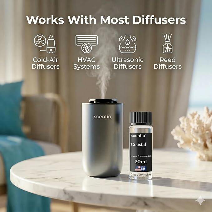 Scentia Coastal (Cabana) Aromatherapy Oil for Diffuser – Hotel Scent Inspired by 5-Star Spa – 20 mL – Jasmine, Bergamot & Sea Breeze Natural Fragrance Oil for Waterless & Cold Air Diffusers
