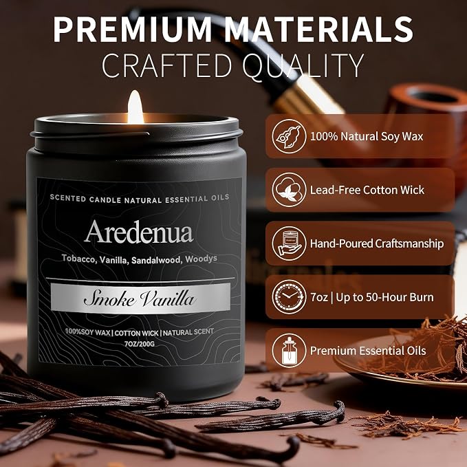Smoke & Vanilla Candle | Manly Candles for Home Scented, Masculine Soy Candles for Men - 7oz Long Lasting Scented Candle for Home, Aromatherapy Gift for Men & Women