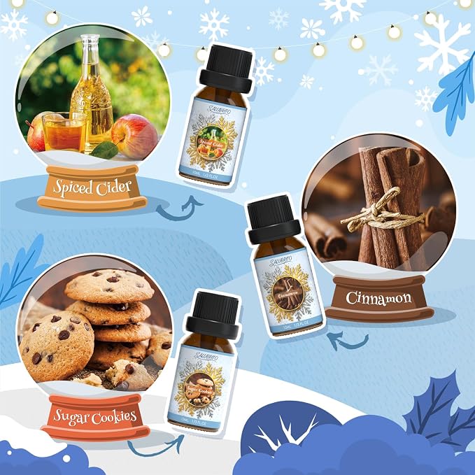 SALUBRITO Winter Fragrance Oils Set, Holiday Essential Oils for Diffuser, Candle, Soap Making - Christmas Tree, Cinnamon, Gingerbread, Candy Cane, Spiced Cider, Sugar Cookies Scented Oil