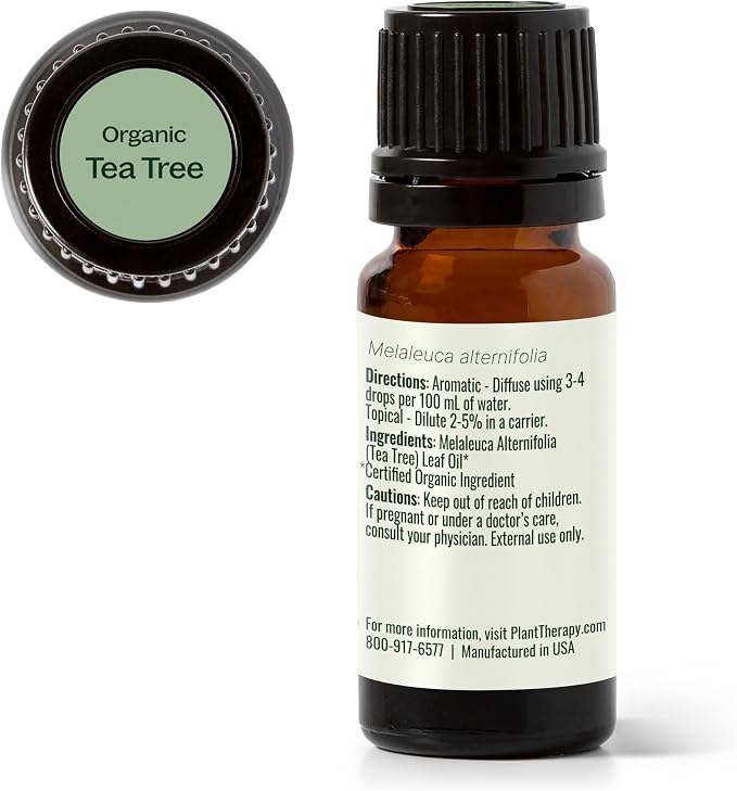 Plant Therapy Organic Tea Tree Oil (Melaleuca) 100% Pure, USDA Certified Organic, Undiluted, Natural Aromatherapy for Skin, Hair, and Toenails, Therapeutic Grade 10 mL (1/3 oz)