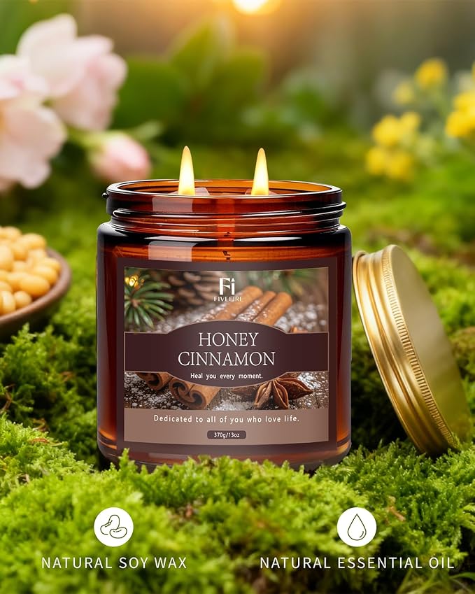 Honey Cinnamon Scented Candle, 13 oz Soy Wax Candle with Cotton Wick, 76-Hour Clean Burning, Non-Toxic Woodsy Scent for Relaxation & Focus, Aromatherapy Candle, Housewarming Gift