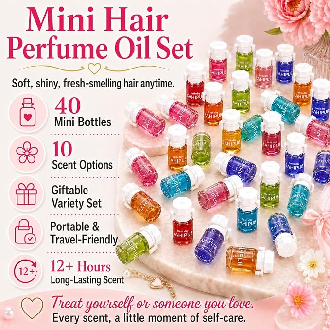 Hair Perfume Oil for Women, 40 Portable Bottles Hair Oil with 10 Scents, Hair Fragrance Gift Set, 2-in-1 Leave-In Hair Serum for Frizzy Dry Hair, Lightweight Non-Greasy, Long-Lasting Scent